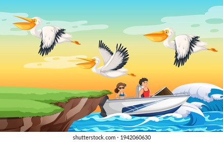 A couple driving speed boat in the beach scene illustration