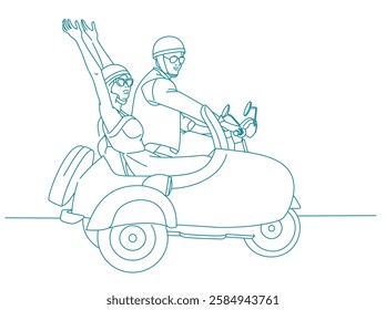 Couple driving vintage scooter and sidecar