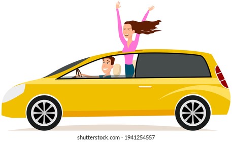 Couple driving yellow automobile. Family travel car, station wagon with driver and his gitlfriend