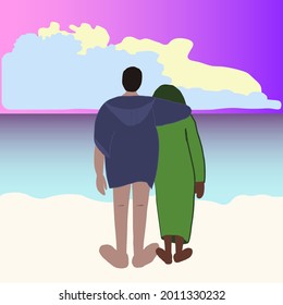 couple in dry robes hugging and watching tropical sunset staying on the sand beach.Sunset with clouds and scenery sky.ocean beach, coast. romantic evening. back view. flat isolated vector illustration