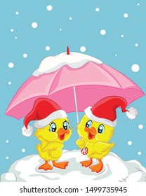 couple duck with umbrella in snow