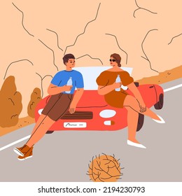 Couple during car travel on summer holiday. Stopover after road trip. Man and woman tourists stop to drink water, relax on auto hood, outside of convertible on vacation ride. Flat vector