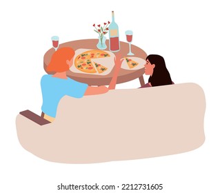 Couple eat food. Girls sitting on couch with slices of pizza and bottle of wine or alcoholic drink. Comfort and coziness in apartment. Luxury and wealth, fast food. Cartoon flat vector illustration