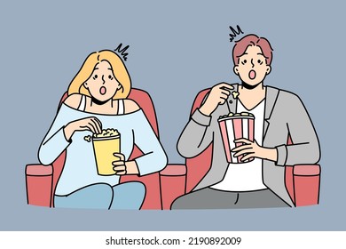 Couple eat popcorn enjoy movie in cinema. Emotional man and woman feel stunned with film in theater. Entertainment and weekend. Vector illustration. 