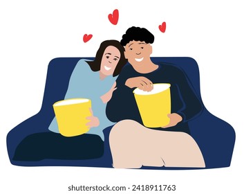 Couple eat popcorn enjoy movie in cinema. Emotional man and woman feel happy with film in theater. Entertainment and weekend. Vector illustration. Weekend. Nightlife. Relaxation. Activity. Fun concept