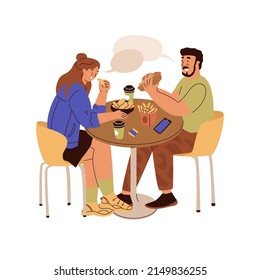 Las parejas comen y hablan en una mesa de un restaurante. Comida rápida, cafeterías de la cancha de comida en el centro comercial, comunicación. La gente pasa tiempo en un lugar público. Ilustración vectorial al estilo de las caricaturas. 