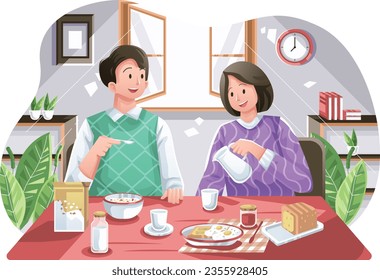 Couple eating Cereal and Sandwich as Breakfast at Home Illustration