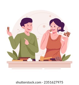 Couple eating chocolate and cookies illustration