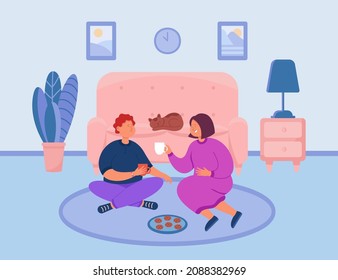 Couple eating cookies in hygge room interior of home apartment. Romantic talk between man and woman sitting on floor with coffee or tea cups flat vector illustration. Happy time together, love concept