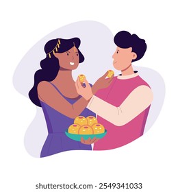 Pareja comiendo dulces de diwali y deseándose mutuamente, ilustración plana 