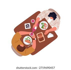 Casais comendo e bebendo, jantando, comendo. Pessoas sentadas à mesa de jantar. Homem e mulher sobem, vista de cima, com comida caseira, vinho. Ilustração de vetor plano isolada no plano de fundo branco