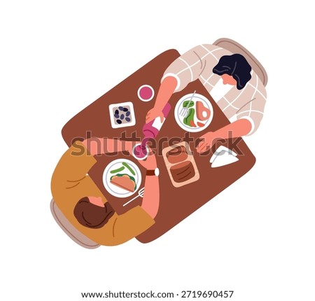 Couple eating and drinking, having dinner, meal. People sitting at dining table. Man and woman overhead, top view, with homemade food, wine. Flat vector illustration isolated on white background