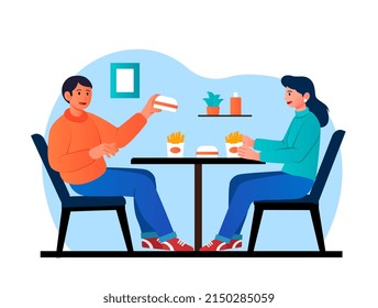 Concepto de comida rápida para parejas. Joven sentado en un café o restaurante y ordenando papas fritas y hamburguesas. Fecha romántica con comida chatarra. Ilustración vectorial plana moderna de dibujos animados