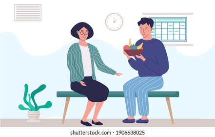 Couple eating healthy food. Man and woman having lunch, dinner or breakfast. Nutrition and diet infographics. Slim people at home or hospital. People sitting on bench holding plate with fruits