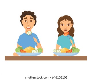 Couple eating healthy food. Man and woman having lunch, dinner or breakfast. Nutrition and diet. Slim people in home or restaurant