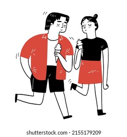 Couple Eating Ice Cream. Hand Drawn Vector Illustration Doodle Style.