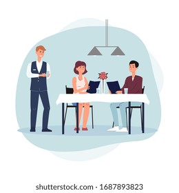 Couple eating out, man and woman cartoon characters ordering food in restaurant or cafe and waiter standing near, flat vector illustration isolated on white background.