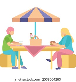 Couple eating outdoor vector. Fast food cafe restaurant icon. Man and woman sitting at table and talking enjoy unhealthy snack isolated on white background