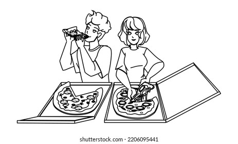 couple eating pizza line pencil drawing vector. food fun home, happy eating, man young, eat girl, woman dinner italian couple eating pizza character. people Illustration