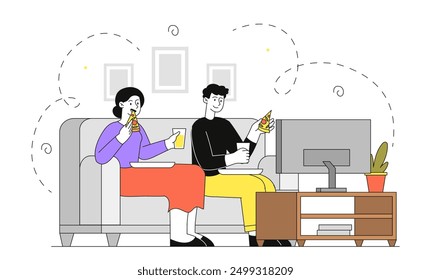 Couple eating pizza. Man and woman sitting on sofa with fast food and tasty drink. Friends with takeaway eating watch television. Linear vector illustration isolated on white background