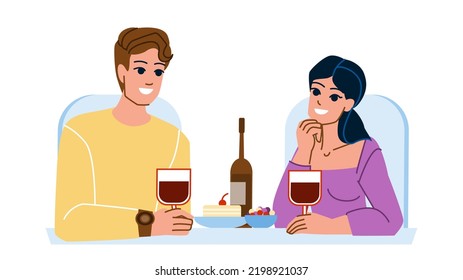 couple eating restaurant vector. young people, food man, cafe woman, drink happy meal eating, beautiful dating couple eating restaurant character. flat cartoon illustration