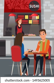 Couple eating sushi flat vector illustration. Eatery customers and smiling seller cartoon characters. Young man and woman at lunch, seafood stand. Delicious japanese meal, traditional asian cuisine