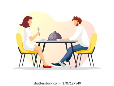 Couple Eating At The Table. Restaurant Or Cafe Menu, Dinner Or Lunch, Romantic Date Concept. Vector Illustration For Poster, Banner, Commercial, Card, Postcard.