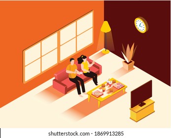 Couple eating unhealthy food isometric 3d vector concept for banner, website, illustration, landing page, flyer, etc.