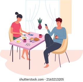 Couple eating and using gadgets. Family social media addiction isolated on white background