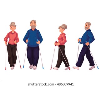 Couple of elder adult nordic walkers, cartoon style vector illustration isolated on white background. Man and woman going in for nordic walking, front and side view. Male and female Nordic walkers