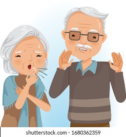 Couple elderly. Aged woman coughing near his wife. Sick woman coughing with sore throat.  