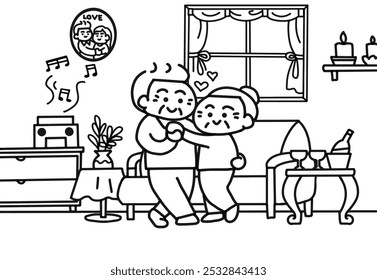 Couple elderly dancing together coloring pages style.