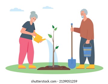 A Couple Of Elderly Gardeners Plant A Tree In Garden. Old Woman With Watering Can And Man With Shovel. Gardening, Planting, Growing Concept. Flat Or Cartoon Vector Illustration.