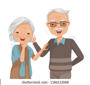 
Couple Elderly Laughing Together. Cheerful Senior. Portrait Of Handsome And Beautiful Grandmother And Grandfather In Emotion Relaxing.  Vector Illustrations Isolated On White Background.