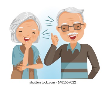 
Couple Elderly Laughing Together. Cheerful Senior. Portrait Of Handsome And Beautiful Grandmother And Grandfather In Emotion Relaxing.  Vector Illustrations Isolated On White Background.