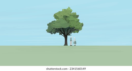 Couple of elderly lover together under the big tree vector illustration have blank space for any wording advertisement.