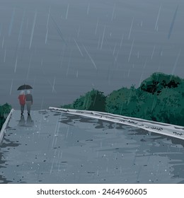 Couple of elderly lover walking in rain with umbrella at countryside flat design graphic illustrated.