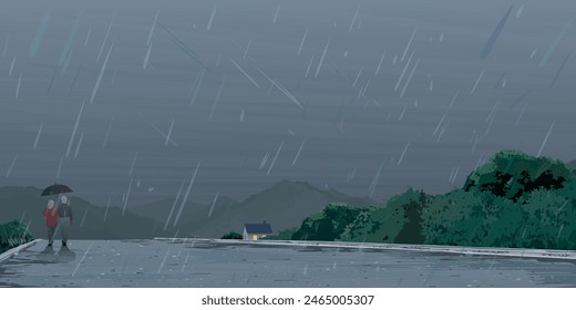 Couple of elderly lover walking in rain with umbrella back to home at countryside flat design graphic illustrated have blank space.