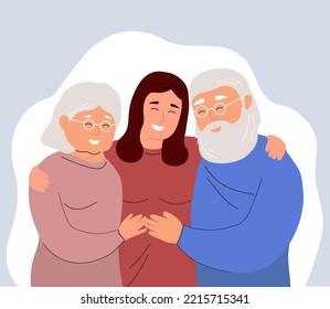 A couple of elderly parents with a daughter. Happy seven hugs. The girl supports, helps the old people. Vector graphics..