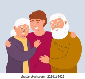 A couple of elderly parents with their son. Happy family hugs. The man supports, helps pensioners. Vector graphics.