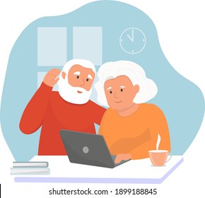 a couple of elderly pensioners sit in front of a laptop and chat with their family. The concept of communication with the world during isolation and quarantine. Vector graphics