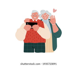 A couple of elderly people with a cell phone. Senior people using smart devices.Grandfather holding a cell phone, grandmother waving.