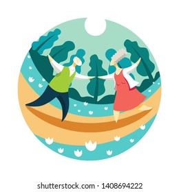 A couple of elderly people dancing in the Park in the evening. Vector illustration of happy old age concept.