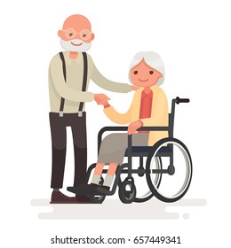 Couple of elderly people. Grandpa near grandmother in a wheelchair. Vector illustration in a flat style