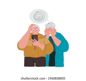 Couple Of Elderly People Have A Problem With Mobile Phone,technology.Old People Use Gadgets.Vector Illustration,concept.Grandparents Have Problems With Their Cell Phones.