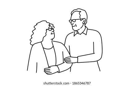 Couple of elderly people look at each other. Hand drawn vector illustration.