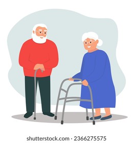 A couple of elderly people with mobility difficulties. Older pensioners with walkers and canes are happy and live full lives. Vector flat graphics.