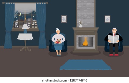 A couple of elderly people are sitting by the fireplace in a beautiful cozy blue living room. Woman with cute little pug on his knees, a man in a suit is reading a newspaper. Vector illustration