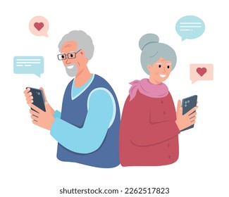 Couple of Elderly People with smartphones. Senior smiling men and women holding phone for communication, chatting, read news and write messages in social media app. Vector illustration.