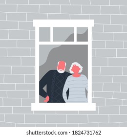 Couple of elderly people are standing at the open window. An old woman and an old man are looking out the window from their apartment. View from the street side. Flat style. Vector illustration